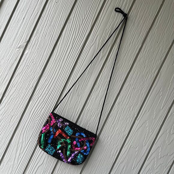 VTG 80s Beaded Sequin Crossbody Bag Black Multicolor Party Purse - Picture 6 of 8
